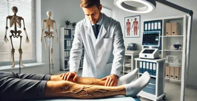 dermatologo observando pierna con varices