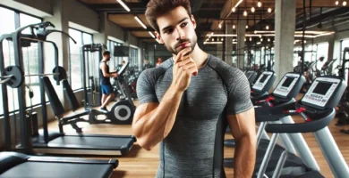 Hombre en el gimnasio dudando sobre que maquina usar