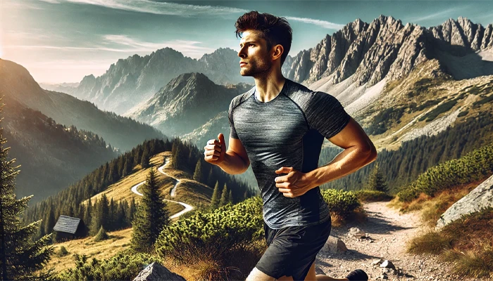Hombre entrenando cardio por la montana