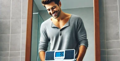 Hombre subido en bascula con cara de satisfacción