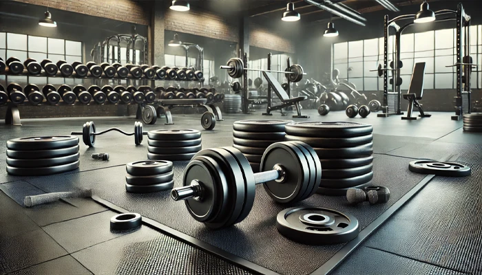 Pesas en el suelo de un gimnasio