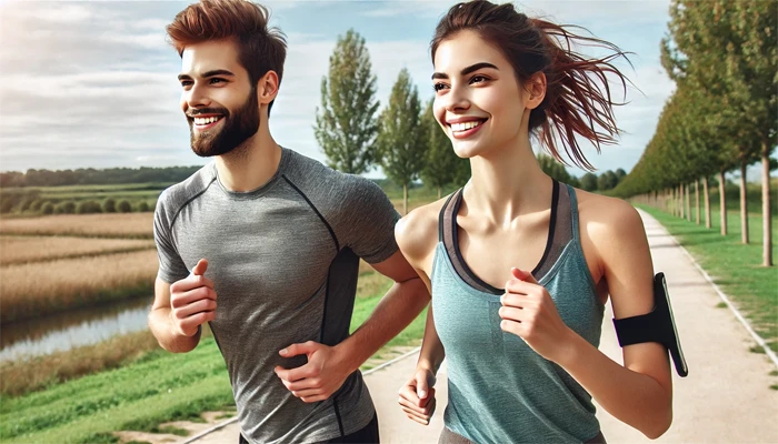 Una pareja de un hombre y una mujer haciendo footing