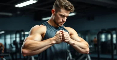 Un hombre joven de unos 20 años de edad haciendo entrenamiento de hombros en un gimnasio