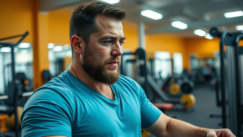 Un joven de 30 años en un gimnasio haciendo press de pecho.