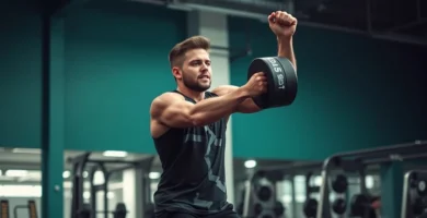 Un joven de 30 anos haciendo pesas en un gimnasio