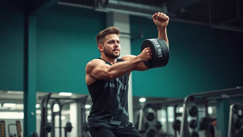 Un joven de 30 anos haciendo pesas en un gimnasio
