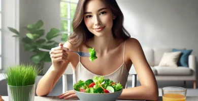 Una mujer comiendo una ensalada