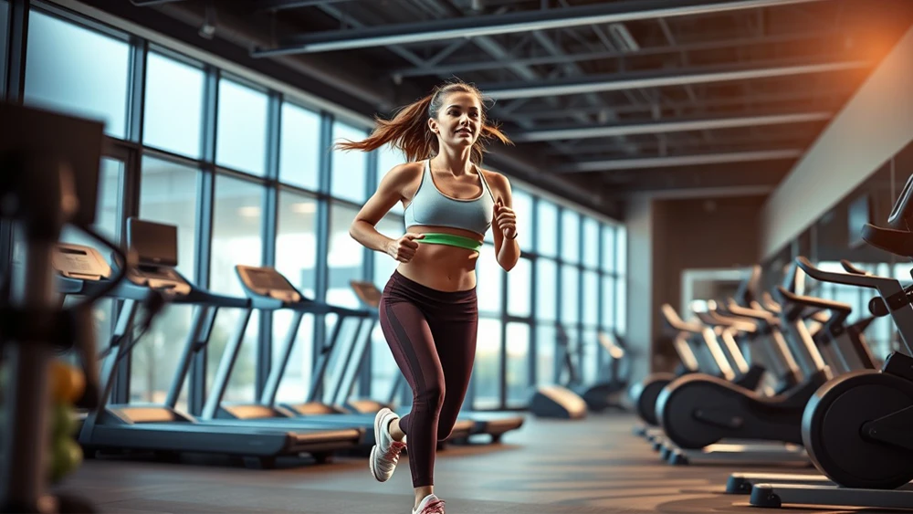 Una mujer joven en un gimnasio corriendo en una cinta de correr.