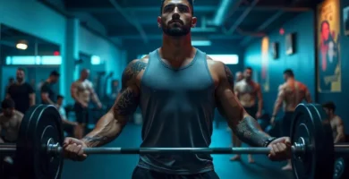Un hombre entrenando biceps en el gimnasio