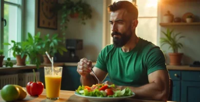 Un hombre comiendo ensalada despues de un entrenamiento