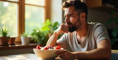 Un hombre comiendo una ensalda de fruta