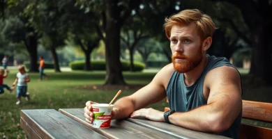 Un hombre de complexion atletica comiendo un yogur del supermercado español Mercadona