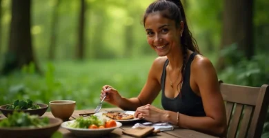 Una mujer joven y atletica sentada en una mesa con mucha comida